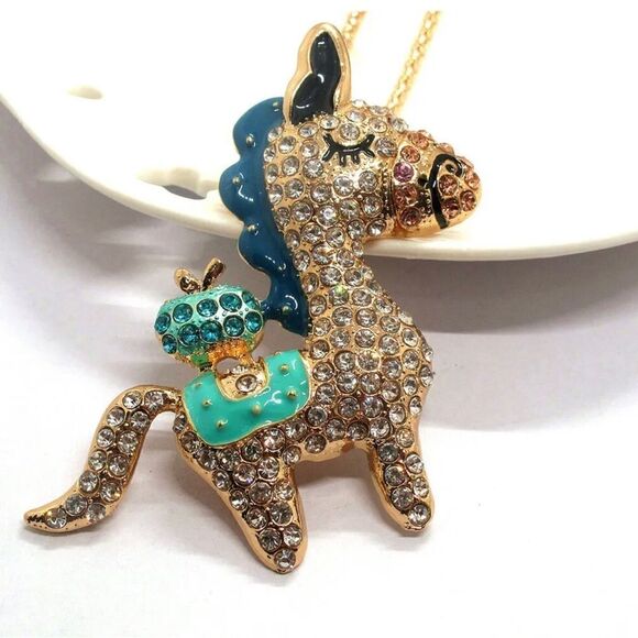 Crystal Blue Rhinestone Cute Enamel Horse Apple Pendant Necklace NWOT - Picture 3 of 3